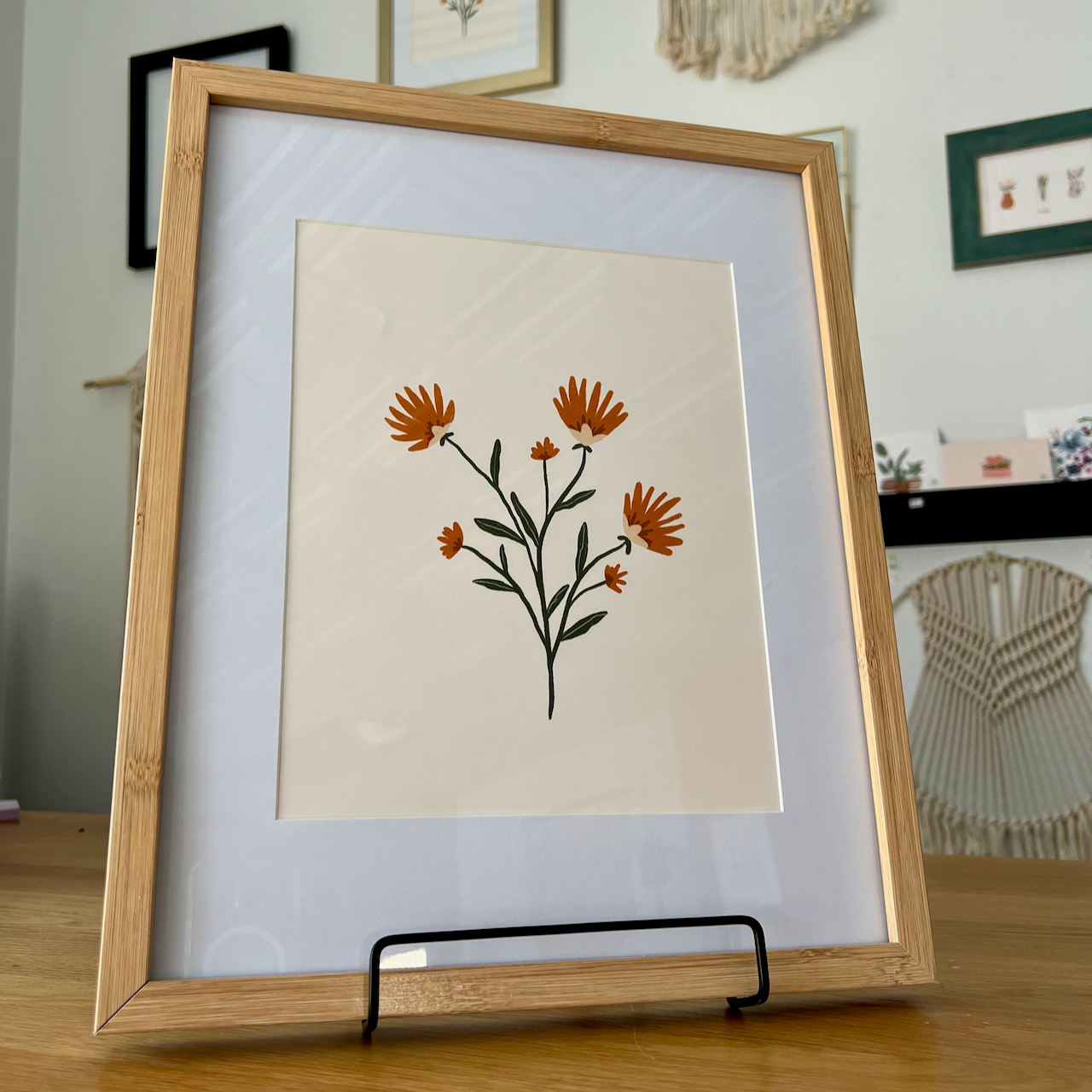 Brush & Bird Print in Wood Frame